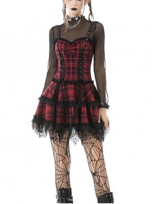 Punk Red And Black Plaid Embellished Crinkled Lace Layered Metal Eyelet Cross Tie Trim Mini Strap Dress