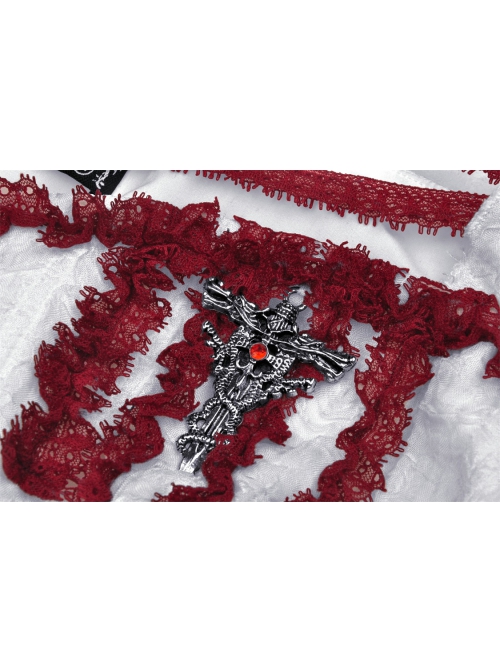 Gothic Vampire Red Lace Tied Rope Decoration Square Neck Puff Sleeve Waist Design White Dress