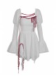 Gothic Vampire Red Lace Tied Rope Decoration Square Neck Puff Sleeve Waist Design White Dress