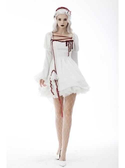 Gothic Vampire Red Lace Tied Rope Decoration Square Neck Puff Sleeve Waist Design White Dress