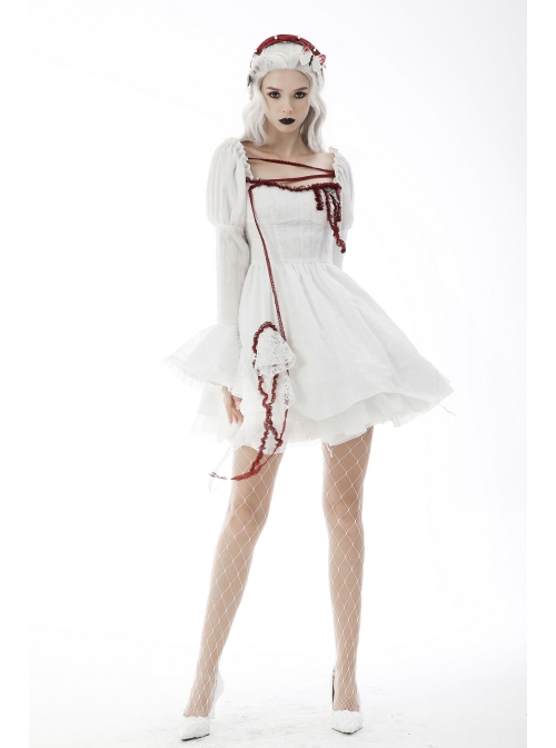 Gothic Vampire Red Lace Tied Rope Decoration Square Neck Puff Sleeve Waist Design White Dress