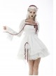 Gothic Vampire Red Lace Tied Rope Decoration Square Neck Puff Sleeve Waist Design White Dress