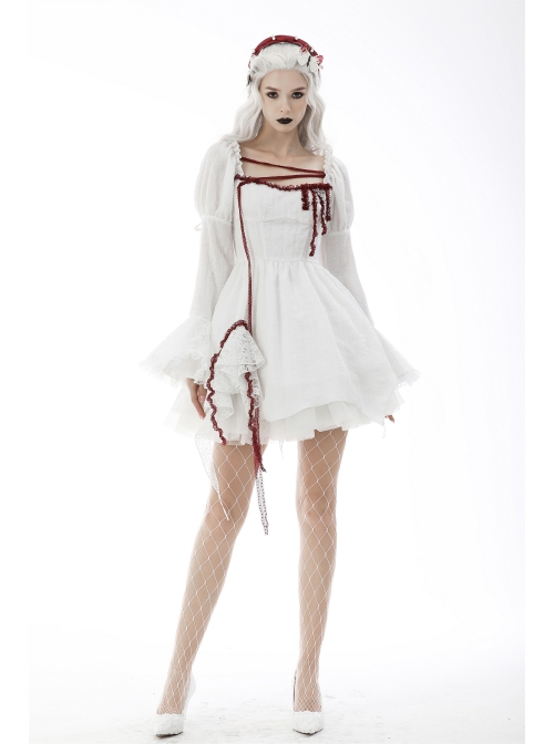 Gothic Vampire Red Lace Tied Rope Decoration Square Neck Puff Sleeve Waist Design White Dress