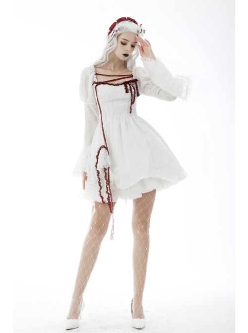 Gothic Vampire Red Lace Tied Rope Decoration Square Neck Puff Sleeve Waist Design White Dress