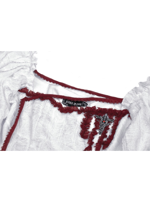 Gothic Vampire Red Lace Tied Rope Decoration Square Neck Puff Sleeve Waist Design White Dress