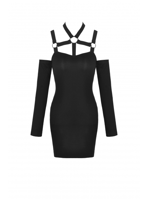Punk Off Shoulder Sexy Tight Cross Straps With Buckle Design Long Sleeves Mini Dress