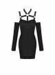 Punk Off Shoulder Sexy Tight Cross Straps With Buckle Design Long Sleeves Mini Dress