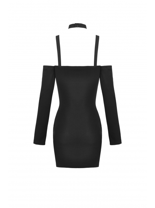 Punk Off Shoulder Sexy Tight Cross Straps With Buckle Design Long Sleeves Mini Dress