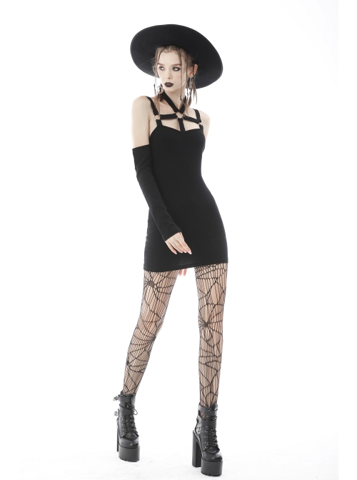 Punk Off Shoulder Sexy Tight Cross Straps With Buckle Design Long Sleeves Mini Dress