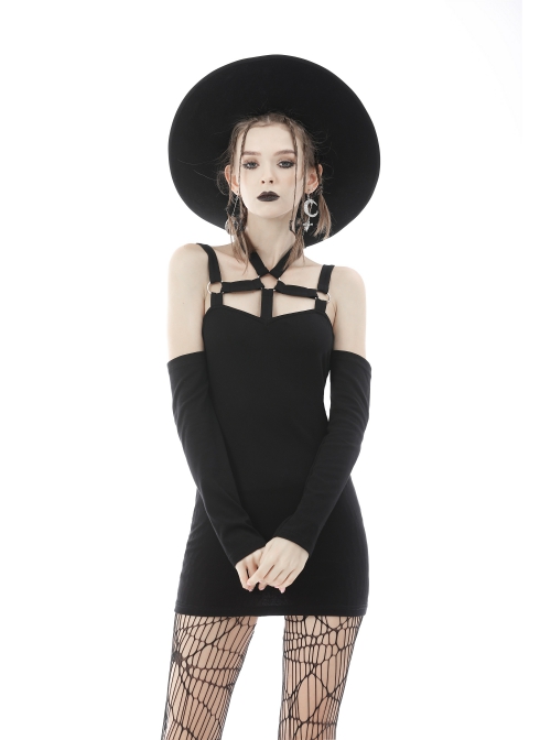 Punk Off Shoulder Sexy Tight Cross Straps With Buckle Design Long Sleeves Mini Dress