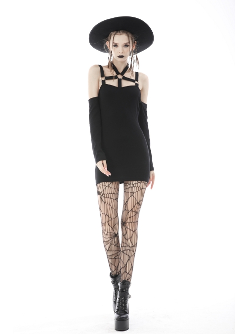 Punk Off Shoulder Sexy Tight Cross Straps With Buckle Design Long Sleeves Mini Dress