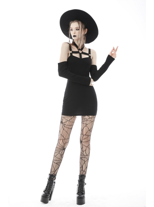 Punk Off Shoulder Sexy Tight Cross Straps With Buckle Design Long Sleeves Mini Dress
