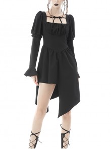 Black Gothic Irregular Cutout Hem Puff Square Neck Decorative Bow Tied With Rope Long Sleeves Dress
