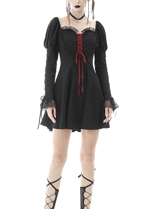 Gothic Valentine Date  Lace Heart Shape Stitched Red Cross Straps Decoration Princess Dress