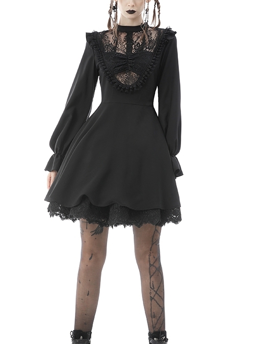Gothic Women Pleated Lace Design Sexy Lace Hollow Out Print Pattern Decoration Bra Dress