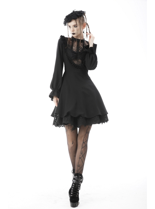 Gothic Women Pleated Lace Design Sexy Lace Hollow Out Print Pattern Decoration Bra Dress