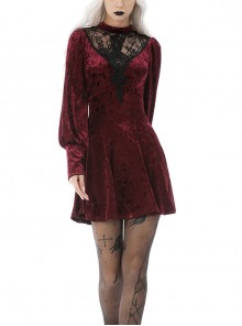 Gothic Super-Low V Neck Design Lace Print Pattern Decoration Wine Red Velvet Long Sleeves Dress