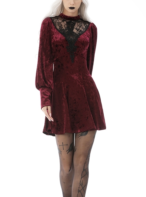 Gothic Super-Low V Neck Design Lace Print Pattern Decoration Wine Red Velvet Long Sleeves Dress