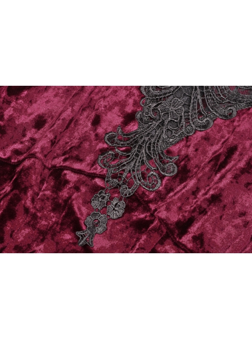Gothic Super-Low V Neck Design Lace Print Pattern Decoration Wine Red Velvet Long Sleeves Dress
