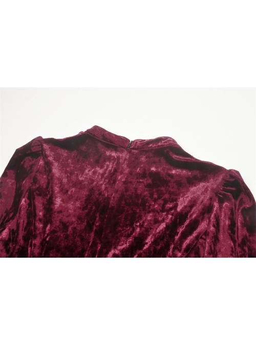 Gothic Super-Low V Neck Design Lace Print Pattern Decoration Wine Red Velvet Long Sleeves Dress