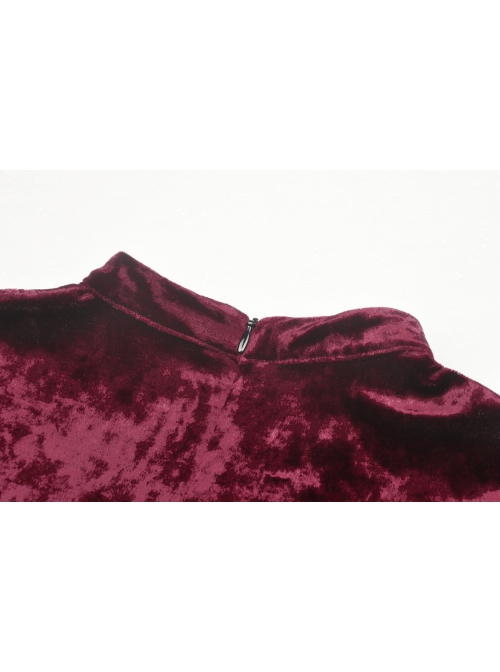 Gothic Super-Low V Neck Design Lace Print Pattern Decoration Wine Red Velvet Long Sleeves Dress