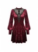 Gothic Super-Low V Neck Design Lace Print Pattern Decoration Wine Red Velvet Long Sleeves Dress