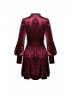 Gothic Super-Low V Neck Design Lace Print Pattern Decoration Wine Red Velvet Long Sleeves Dress