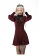 Gothic Super-Low V Neck Design Lace Print Pattern Decoration Wine Red Velvet Long Sleeves Dress