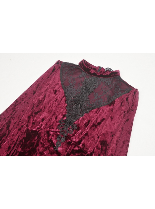 Gothic Super-Low V Neck Design Lace Print Pattern Decoration Wine Red Velvet Long Sleeves Dress