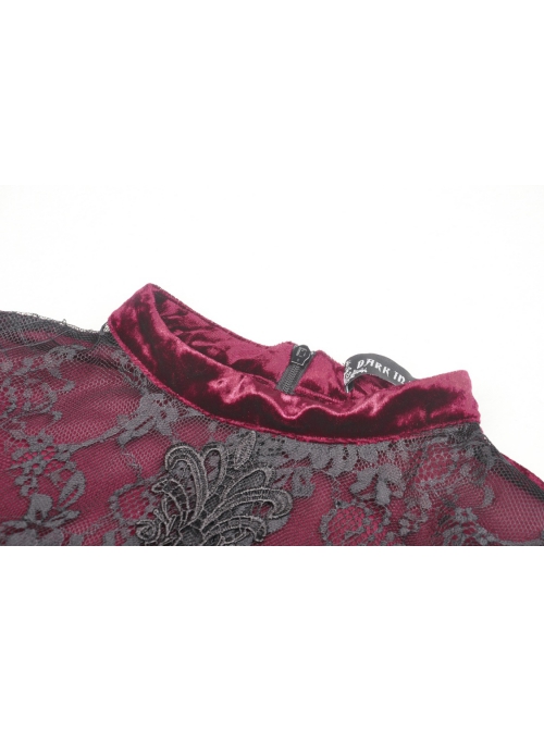 Gothic Super-Low V Neck Design Lace Print Pattern Decoration Wine Red Velvet Long Sleeves Dress