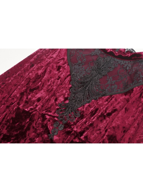 Gothic Super-Low V Neck Design Lace Print Pattern Decoration Wine Red Velvet Long Sleeves Dress