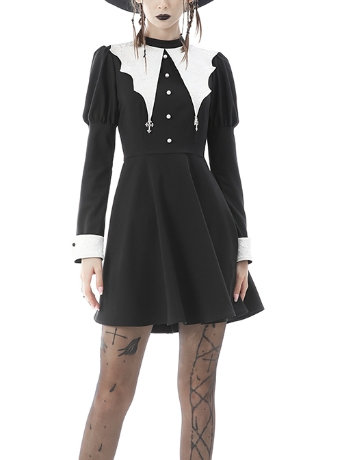 Gothic White Print Design Bat Collar Metal Cross Decoration Black White Suit Cuffs Long Sleeves Dress