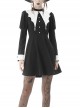 Gothic White Print Design Bat Collar Metal Cross Decoration Black White Suit Cuffs Long Sleeves Dress