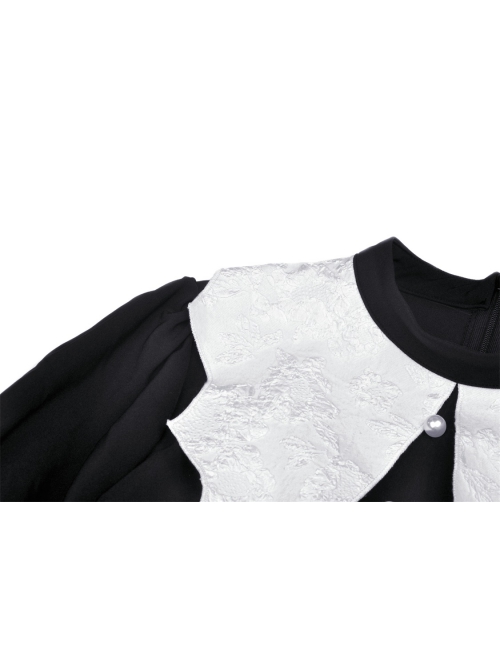 Gothic White Print Design Bat Collar Metal Cross Decoration Black White Suit Cuffs Long Sleeves Dress