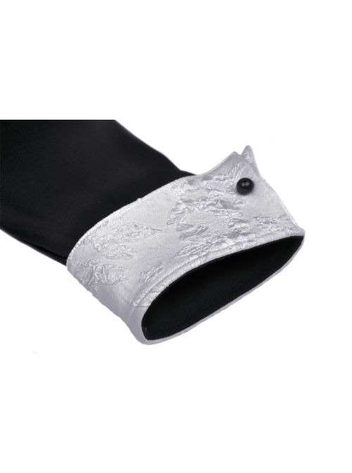 Gothic White Print Design Bat Collar Metal Cross Decoration Black White Suit Cuffs Long Sleeves Dress