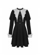 Gothic White Print Design Bat Collar Metal Cross Decoration Black White Suit Cuffs Long Sleeves Dress