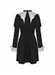 Gothic White Print Design Bat Collar Metal Cross Decoration Black White Suit Cuffs Long Sleeves Dress
