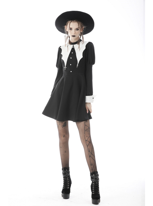 Gothic White Print Design Bat Collar Metal Cross Decoration Black White Suit Cuffs Long Sleeves Dress