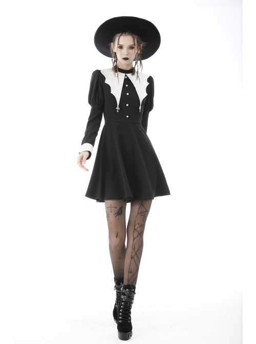 Gothic White Print Design Bat Collar Metal Cross Decoration Black White Suit Cuffs Long Sleeves Dress