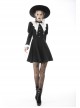 Gothic White Print Design Bat Collar Metal Cross Decoration Black White Suit Cuffs Long Sleeves Dress
