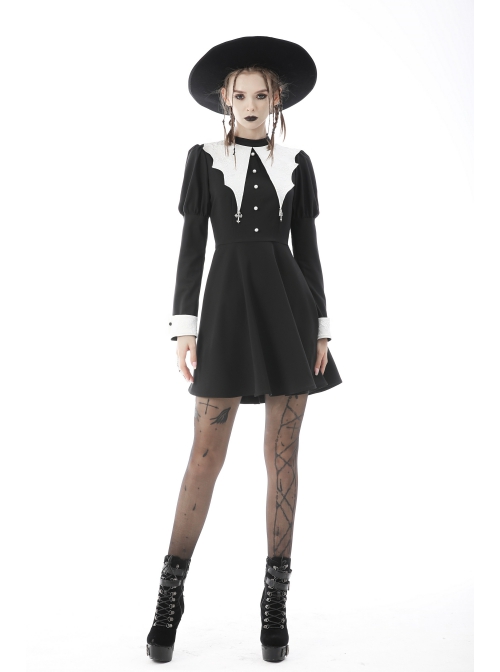 Gothic White Print Design Bat Collar Metal Cross Decoration Black White Suit Cuffs Long Sleeves Dress