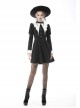 Gothic White Print Design Bat Collar Metal Cross Decoration Black White Suit Cuffs Long Sleeves Dress
