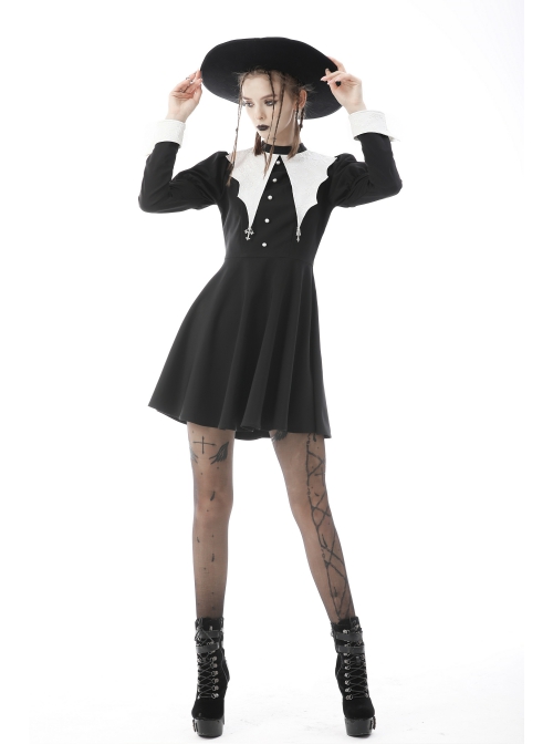 Gothic White Print Design Bat Collar Metal Cross Decoration Black White Suit Cuffs Long Sleeves Dress