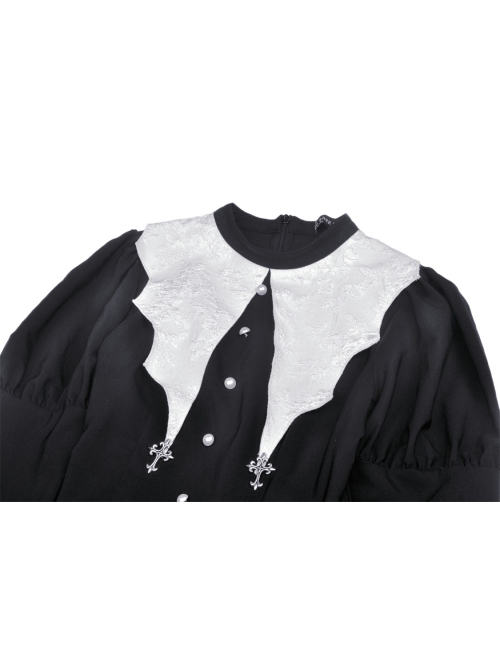 Gothic White Print Design Bat Collar Metal Cross Decoration Black White Suit Cuffs Long Sleeves Dress