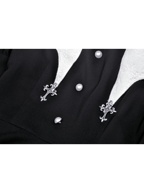 Gothic White Print Design Bat Collar Metal Cross Decoration Black White Suit Cuffs Long Sleeves Dress