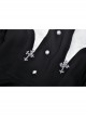 Gothic White Print Design Bat Collar Metal Cross Decoration Black White Suit Cuffs Long Sleeves Dress