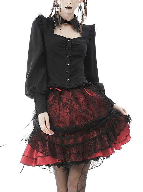 Black Gothic Ruffled Design Collar Stud Decoration Neck Long Sleeves Blouse