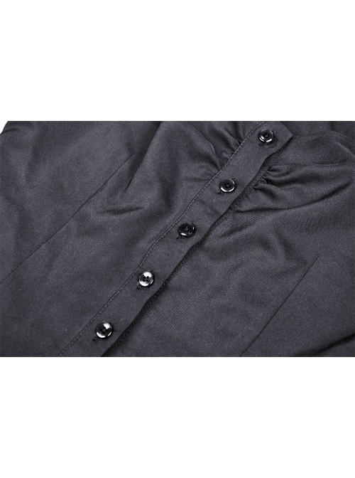 Black Gothic Ruffled Design Collar Stud Decoration Neck Long Sleeves Blouse