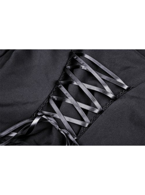 Black Gothic Ruffled Design Collar Stud Decoration Neck Long Sleeves Blouse