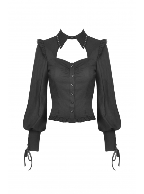 Black Gothic Ruffled Design Collar Stud Decoration Neck Long Sleeves Blouse